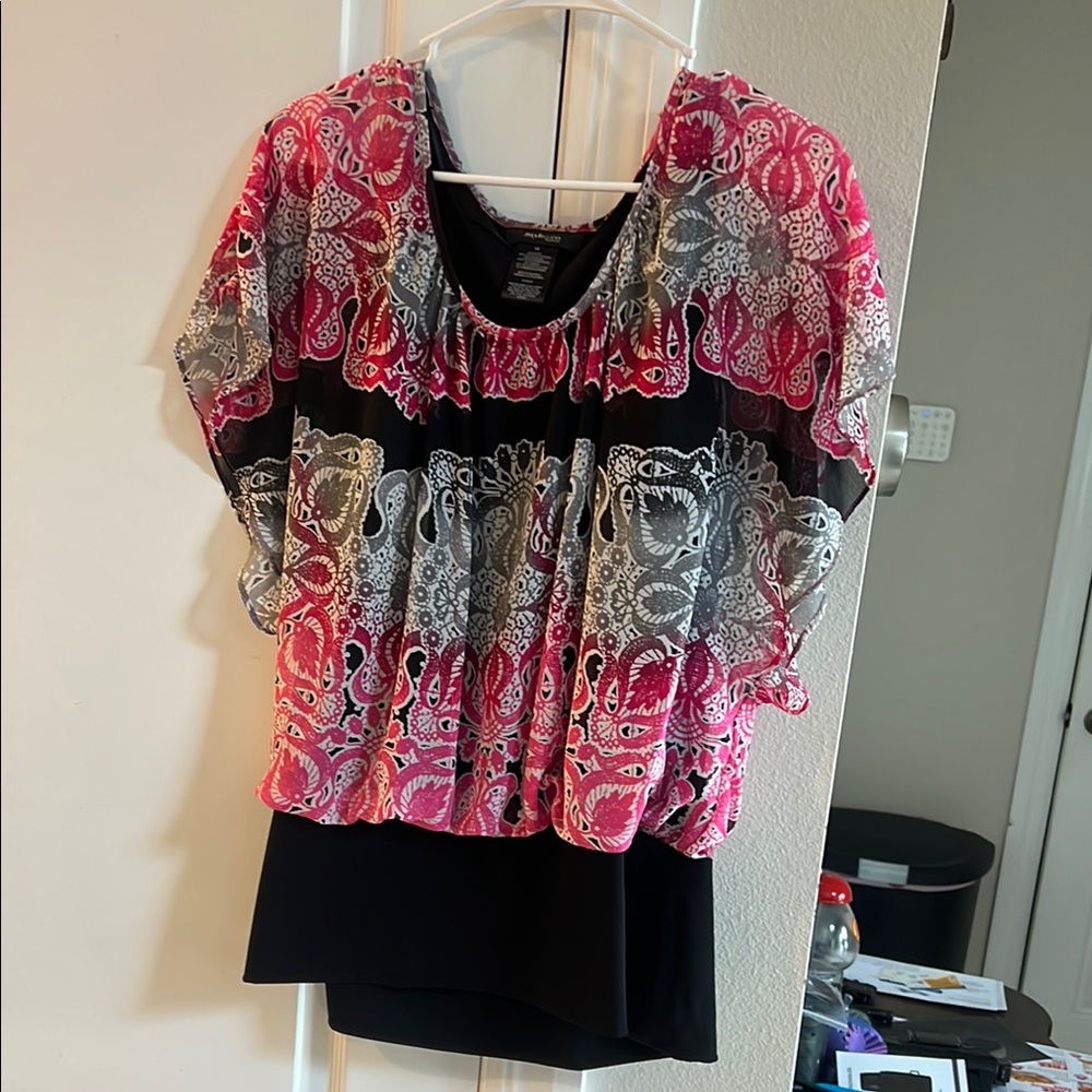 Style & Co. Pink and Black Blouse with Ruffled Graphic Design